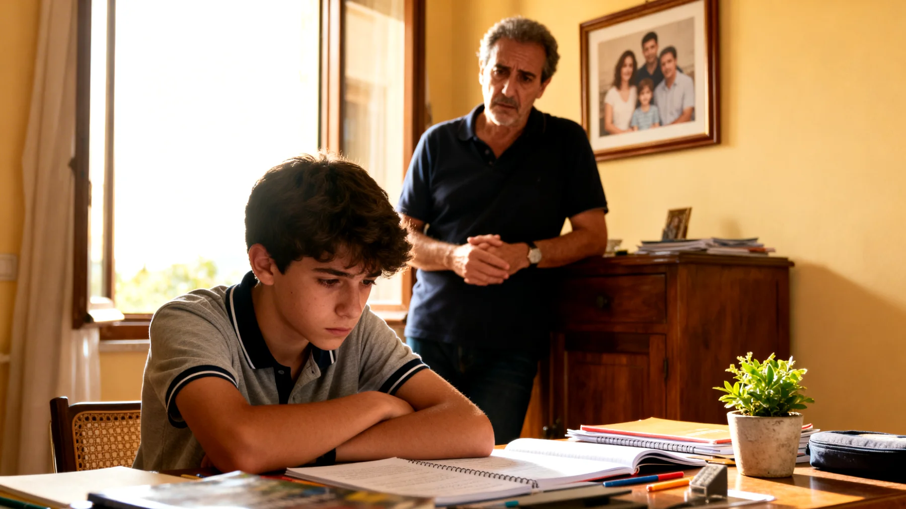 Genitori che faticano a motivare i figli adolescenti nello studio, con conseguenti conflitti quotidiani sui compiti, voti bassi e disinteresse scolastico"