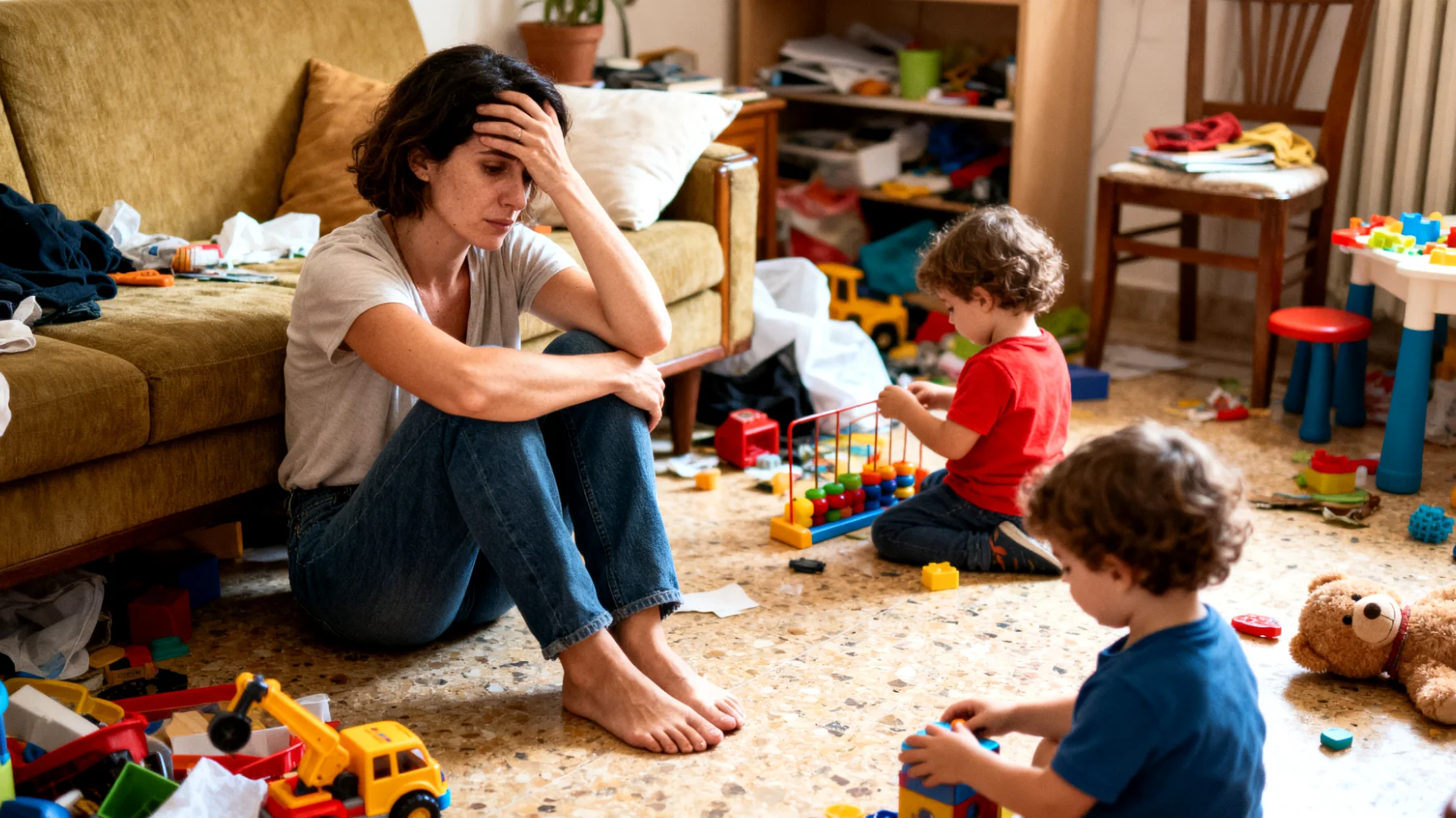 Mamma esausta che fatica a coinvolgere i bambini nelle attività quotidiane come riordinare i giochi, apparecchiare o prepararsi per uscire, con conseguenti conflitti ripetuti e senso di frustrazione"
