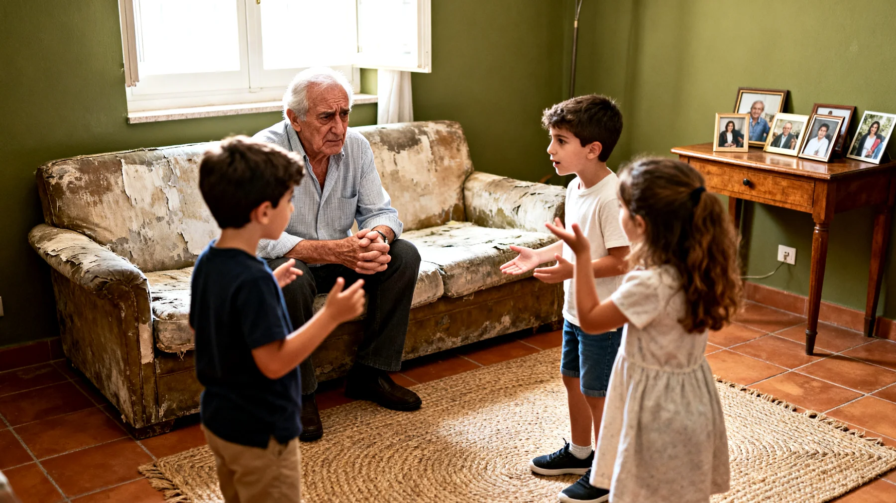 Il nonno fatica a gestire la gelosia e la rivalità tra i nipoti bambini durante le visite, creando tensioni e sensi di colpa quando uno si sente trascurato o meno amato rispetto agli altri"