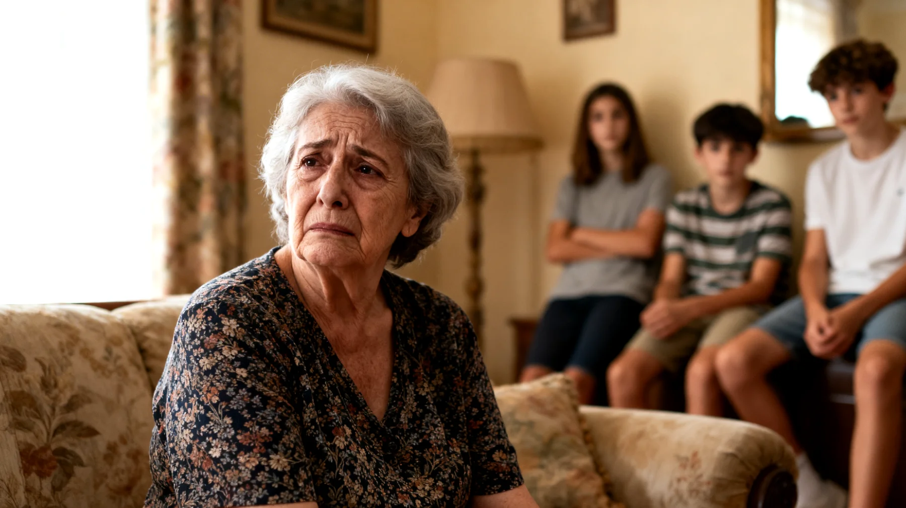 La nonna si sente sopraffatta dalla stanchezza fisica ed emotiva nel prendersi cura dei nipoti adolescenti e non riesce più a trovare energie e tempo per sé stessa, sentendosi in colpa quando chiede aiuto o quando non riesce a soddisfare tutte le loro richieste."