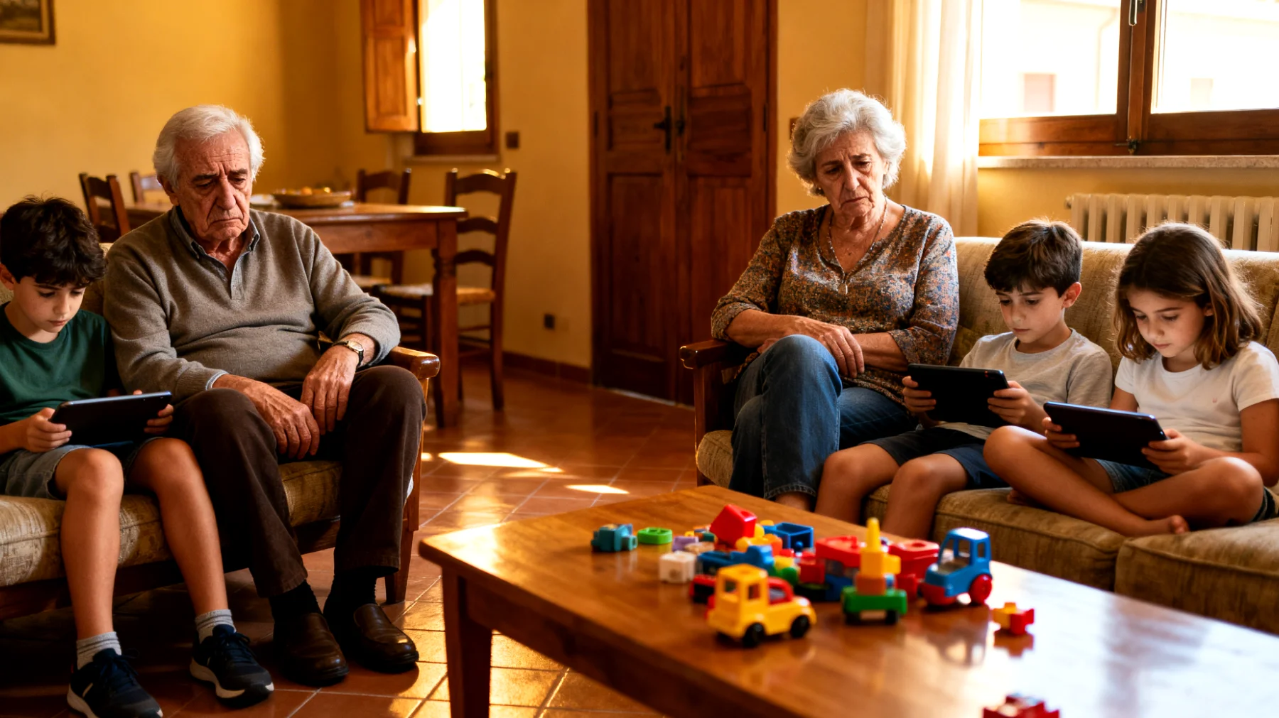 I nonni si sentono frustrati perché trascorrono molto tempo con i nipoti bambini, ma le attività sono spesso distratte o superficiali: i piccoli guardano la TV, giocano da soli con i giochi elettronici o i nonni sono impegnati in faccende domestiche. Manca un vero coinvolgimento emotivo e relazionale di qualità."