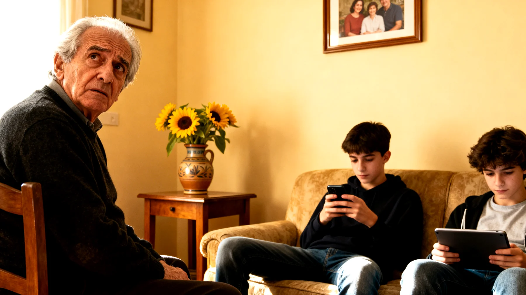 Il nonno fatica a comprendere le scelte di vita, i valori e gli interessi dei nipoti adolescenti, generando incomprensioni e distanza emotiva dovute alle differenze generazionali"