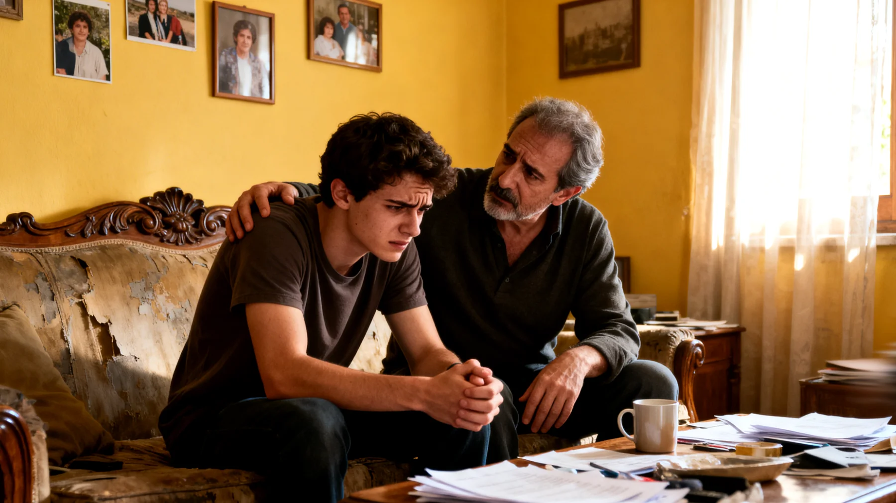 Papà che fatica a gestire la frustrazione del figlio giovane adulto di fronte ai fallimenti lavorativi e alle difficoltà nel raggiungere l'indipendenza economica"